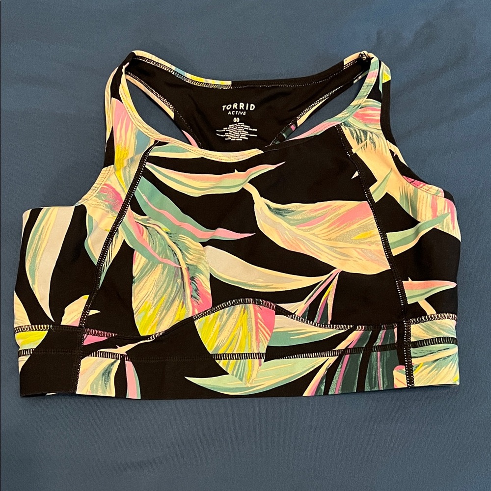 Torrid Leaf Print Sports Bra in Black and Pink and Green